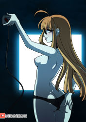 Rule 34 | 1girl, :p, ahoge, arm up, artist name, ass, back, backlighting, black panties, blunt bangs, blush, breasts, butt crack, commentary, controller, dark room, english commentary, from behind, game controller, glasses, hand on own ass, heart, heart-shaped pupils, highres, holding, holding controller, holding game controller, kinkymation, long hair, looking at viewer, looking back, monitor, narrow waist, nipples, orange hair, panties, patreon logo, patreon username, persona, persona 5, pink eyes, sakura futaba, sideboob, small breasts, solo, symbol-shaped pupils, tongue, tongue out, topless, underwear, wire