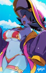 Rule 34 | 1girl, :d, artist name, bikini, blue eyes, blue skin, blue sky, blush, bow, breasts, cloud, colored skin, day, drawstring, fang, hair over one eye, hat, hat bow, highres, hood, hooded jacket, jacket, jiangshi, large breasts, lei lei, navel, ofuda, open mouth, outdoors, red eyes, shisui, sky, sleeves past wrists, smile, solo, sweat, swimsuit, thigh strap, vampire (game)