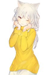 Rule 34 | 1girl, animal ears, bad id, bad pixiv id, blush, cat ears, cat girl, commentary, cowboy shot, hands up, head tilt, long sleeves, looking at viewer, lpip, one eye closed, original, parted lips, red eyes, silver hair, simple background, smile, solo, sweater, symbol-only commentary, turtleneck, turtleneck sweater, white background, yellow sweater