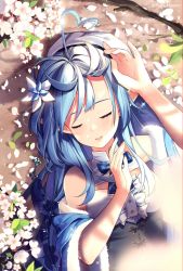 Rule 34 | 1girl, ahoge, blue hair, blue jacket, blush, breasts, cleavage cutout, clothing cutout, corset, closed eyes, flower, fur trim, hair flower, hair ornament, heart, heart ahoge, heart hair, hololive, jacket, kuri (animejpholic), lying, medium breasts, off shoulder, on back, on ground, open hands, open mouth, sleeping, solo, twitter username, virtual youtuber, yukihana lamy