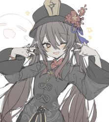 Rule 34 | 1girl, black hat, black jacket, black nails, boo tao (genshin impact), breasts, brown hair, bucket hat, double v, flower, flower-shaped pupils, genshin impact, hat, hat flower, hu tao (genshin impact), jacket, long hair, long sleeves, mi 398, one eye closed, open mouth, red eyes, simple background, small breasts, solo, symbol-shaped pupils, twintails, upper body, v, white background, wide sleeves