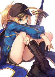 Rule 34 | 1girl, ahoge, artoria pendragon (all), artoria pendragon (fate), bare legs, baseball cap, black hat, blonde hair, blue eyes, blue jacket, blush, boots, breasts, brown footwear, brown shorts, closed mouth, commentary request, cross-laced footwear, excalibur (fate/stay night), fal maro, fate/grand order, fate (series), hair between eyes, hat, head tilt, highres, jacket, knee boots, knees up, lace-up boots, leaning forward, long hair, long sleeves, looking at viewer, mysterious heroine x (fate), ponytail, saber (fate), short shorts, shorts, simple background, sitting, small breasts, smile, solo, sword, thighs, track jacket, weapon, white background
