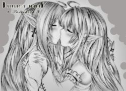 Rule 34 | 2girls, bad id, bad pixiv id, copyright request, couple, detached sleeves, earrings, elf, closed eyes, greyscale, jewelry, kiss, long hair, monochrome, multiple girls, pointy ears, viola (seed), yuri