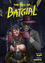 1boy 1girl adoohay arms_behind_back artist_name batgirl batman_(series) belt black_cape bound bound_arms breasts brown_gloves brown_headwear cape comic_cover cum dc_comics english_text facial gloves glowing glowing_eyes grey_jacket grin gun handgun highres holding holding_gun holding_weapon jacket large_breasts lipstick makeup mask nipples pointing pointing_at_another pointy_ears rape rope shirt smile tears teeth the_joker the_killing_joke torn_clothes torn_shirt two-tone_cape weapon yellow_belt yellow_cape