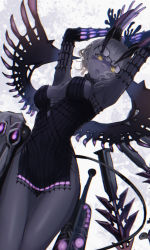 Rule 34 | 1girl, absurdres, animal skull, arms up, black dress, colored skin, dress, e ixion, elbow gloves, fate/grand order, fate (series), full moon, glasses, gloves, glowing, glowing eyes, grey hair, grey skin, highres, horns, jacques de molay (foreigner) (fate), jacques de molay (foreigner) (third ascension) (fate), moon, yellow eyes