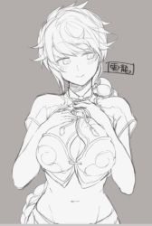 Rule 34 | 10s, 1girl, asymmetrical hair, blush, braid, breasts, character name, grey background, hair ornament, hands on own chest, imoden, jitome, kantai collection, large breasts, long hair, looking to the side, midriff, monochrome, navel, purple background, short sleeves, simple background, sketch, smile, solo, unryuu (kancolle), upper body, very long hair