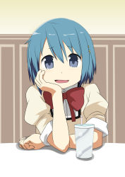 Rule 34 | 1girl, arm rest, blue eyes, blue hair, bow, bowtie, cup, disposable cup, hair ornament, hairclip, hand on own cheek, hand on own face, head rest, highres, jewelry, mahou shoujo madoka magica, mahou shoujo madoka magica (anime), miki sayaka, ribbon, ring, rushou kei, school uniform, short hair, sleeves rolled up