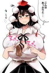 Rule 34 | 1girl, belt, black bra, black hair, black skirt, blouse, blush, bra, breasts, brown belt, buttons, closed mouth, commentary request, disembodied penis, hat, highres, huge breasts, paizuri, penis, pointy ears, pom pom (clothes), puffy short sleeves, puffy sleeves, red eyes, red neckwear, see-through, see-through shirt, shameimaru aya, shirt, short hair, short sleeves, simple background, skirt, sweatdrop, tannkobuiwa, tokin hat, touhou, translation request, underwear, white background, white shirt