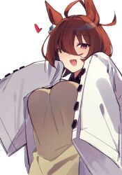 Rule 34 | 1girl, agnes tachyon (umamusume), ahoge, animal ears, breasts, brown hair, buttons, coat, commentary, double-breasted, english commentary, from below, hair over one eye, hands up, highres, horse ears, horse girl, jenshenya, lab coat, large breasts, long sleeves, looking at viewer, open mouth, red eyes, short hair, simple background, sleeves past wrists, smile, solo, sweater vest, umamusume, upper body, white background, white coat, yellow sweater vest