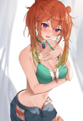 Rule 34 | 1girl, absurdres, arm under breasts, awaki224, bikini, bikini top only, blonde hair, blush, breasts, choker, cleave, colored tips, commentary request, double bun, earrings, gold earrings, gradient hair, green bikini, green choker, hair bun, hand on own chest, highres, hololive, hololive english, jewelry, leaning forward, long hair, looking at viewer, medium breasts, multicolored hair, navel, no shirt, official alternate costume, official alternate hairstyle, open fly, open mouth, orange hair, pendant choker, purple eyes, short shorts, shorts, solo, stomach, sweatdrop, swimsuit, takanashi kiara, takanashi kiara (casual), twintails, virtual youtuber