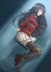 absurdres bdsm black_hair black_thighhighs bondage bound commission full_body gag highres horikita_suzune looking_at_viewer pixiv_commission red_eyes restrained school_uniform shibari thighhighs vakaosciosa youkoso_jitsuryoku_shijou_shugi_no_kyoushitsu_e