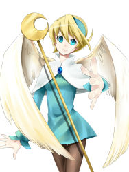 Rule 34 | 1girl, ahoge, angel wings, blonde hair, boots, breasts, breath of fire, breath of fire iv, brooch, dress, earrings, hairband, highres, jewelry, knee boots, nina (breath of fire iv), pantyhose, reaching, reaching towards viewer, short hair, skirt, small breasts, solo, staff, white wings, wings