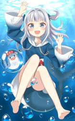 Rule 34 | 1girl, :d, air bubble, animal, animal hood, arm up, barefoot, bloop (gawr gura), blue eyes, blue hair, blue hoodie, blunt bangs, blush, bubble, bubble censor, commentary, commentary request, convenient censoring, drawstring, english commentary, fins, fish tail, full body, gawr gura, gawr gura (1st costume), hair ornament, hand up, happy, hololive, hololive english, hood, hood down, hoodie, light rays, long hair, long sleeves, looking at viewer, mixed-language commentary, multicolored hair, open mouth, print hoodie, shark, shark girl, shark hair ornament, shark hood, shark print, shark tail, sharp teeth, signature, silver hair, smile, streaked hair, submerged, tail, teeth, two side up, underwater, upper teeth only, usagi koushaku, virtual youtuber, wide sleeves