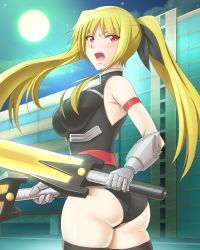 Rule 34 | 00s, 1girl, ass, bare shoulders, blonde hair, blush, bodysuit, breasts, dual wielding, fate testarossa, from behind, gauntlets, hair ribbon, holding, large breasts, leotard, long hair, looking at viewer, looking back, lyrical nanoha, mahou shoujo lyrical nanoha, moon, night, open mouth, red eyes, ribbon, shaito, sword, thighhighs, twintails, weapon