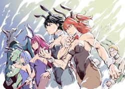 Rule 34 | 2boys, 3girls, animal ears, bandaid, bandaid on face, black hair, blonde hair, blue hair, braid, breasts, demon, detached collar, fake animal ears, fate/grand order, fate (series), fujimaru ritsuka (female), fujimaru ritsuka (male), glasses, jeancle abel meuniere, large breasts, leotard, long hair, male playboy bunny, medea (fate), medium breasts, monster, multiple boys, multiple girls, munaage, official alternate costume, pantyhose, playboy bunny, pointy ears, purple hair, rabbit ears, rabbit tail, scathach (fate), scathach (piercing bunny) (fate), side ponytail, signature, tail, wrist cuffs