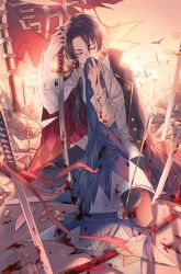 Rule 34 | 10s, 1boy, arrow (projectile), artist name, bird, blood, broken, broken sword, broken weapon, copyright name, cuts, dated, earrings, highres, injury, instockeee, instocklee, jewelry, kashuu kiyomitsu, long hair, male focus, md5 mismatch, outdoors, planted, planted arrow, ponytail, resolution mismatch, sheath, solo, source smaller, sword, torn clothes, touken ranbu, weapon