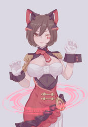 Rule 34 | 17k v17, 1girl, breasts, brown eyes, brown hair, circle, claw pose, date pun, diamond (shape), dress, epaulettes, facial tattoo, framed breasts, gloves, grey background, hair ornament, hands up, highres, hologram, large breasts, lipstick, looking at viewer, magical mirai (vocaloid), magical mirai meiko, makeup, meiko (vocaloid), number pun, one eye closed, red dress, smile, solo, tattoo, translated, vocaloid, white gloves, wrist cuffs