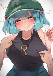 Rule 34 | 1girl, 1other, :&gt;, absurdres, black tank top, blue eyes, blue hair, blue skirt, blush, breasts, breath, closed mouth, commentary request, covered erect nipples, cowboy shot, flat cap, green headwear, hair between eyes, hair bobbles, hair ornament, hat, heart, heart-shaped pupils, highres, jewelry, kawashiro nitori, key, key necklace, large breasts, looking at viewer, medium bangs, necklace, nipple stimulation, nipple tweak, nipple tweak through clothes, qralto, shirt tucked in, short hair, simple background, skirt, smile, solo focus, sweat, symbol-shaped pupils, tank top, touhou, two side up, wavy mouth, white background