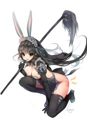 Rule 34 | 1girl, animal ears, apron, artist name, bad id, bad pixiv id, black eyes, black hair, black thighhighs, blush, breasts, cleavage, hairband, juliet sleeves, lolita hairband, long hair, long sleeves, on one knee, open mouth, original, puffy sleeves, rabbit ears, simple background, solo, spanked, sukja, thighhighs, waist apron, white background