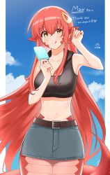 Rule 34 | 1girl, absurdres, adjusting hair, belt, belt buckle, blush, border, breasts, buckle, cloud, cloudy sky, collarbone, commission, commissioner upload, denim, denim skirt, fingernails, food, forked tongue, hair between eyes, highres, holding, holding food, ice cream, lamia, large breasts, long hair, midriff, miia (monster musume), monster girl, monster musume no iru nichijou, navel, non-web source, outdoors, outside border, red hair, sidelocks, skeb commission, skirt, sky, solo, suika aji, thank you, tongue, tongue out, very long hair, white border, yellow eyes