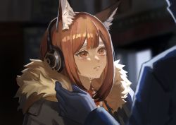 Rule 34 | 1girl, 1other, absurdres, animal ear fluff, arknights, black gloves, blurry, blurry background, blush, brown eyes, brown hair, closed mouth, crying, crying with eyes open, depth of field, doctor (arknights), fur collar, gloves, hasegawamorito, headphones, highres, huris (arknights), implied extra ears, indoors, jewelry, long hair, long sleeves, looking at another, necklace, parted lips, ratatos browntail (arknights), solo focus, tears, upper body