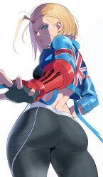 Rule 34 | 1girl, ass, blonde hair, blue eyes, breasts, cammy white, capraraw, crop top, cropped jacket, fingerless gloves, from behind, gloves, highres, jacket, lips, medium breasts, pants, scar, scar on face, short hair, street fighter, street fighter 6, union jack, white background