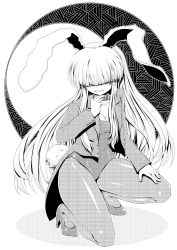 Rule 34 | 1girl, animal ears, blunt bangs, blush, breasts, cleavage, collar, female focus, greyscale, hair over eyes, high heels, kanno kengo, leotard, long hair, monochrome, pantyhose, rabbit ears, rabbit girl, rabbit tail, reisen udongein inaba, shoes, solo, squatting, tail, touhou