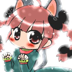 Rule 34 | 1girl, ahoge, animal ears, annyui, antenna hair, blush, braid, cat ears, cat tail, chibi, commentary request, dress, extra ears, green dress, kaenbyou rin, multiple tails, red eyes, red hair, solo, tail, touhou, twin braids, two tails