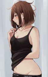 Rule 34 | 1girl, bare arms, bare shoulders, black camisole, black panties, blush, bob cut, brand name imitation, breasts, brown eyes, brown hair, calvin klein, camisole, cleavage, clothes writing, commentary request, from side, groin, hair strand, hand under clothes, hand up, hickey, highres, kapatarou, looking away, messy hair, nail polish, original, panties, parted lips, red nails, small breasts, solo, underwear