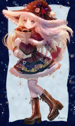 Rule 34 | 1girl, absurdres, artist name, bag, blonde hair, blue background, blue eyes, boots, brown footwear, brown mittens, capelet, christmas, cross-laced footwear, dress, flower, frills, full body, fur-trimmed capelet, fur-trimmed headwear, fur-trimmed sleeves, fur trim, gift, grey thighhighs, hat, hat flower, heart, highres, holding, holding bag, knee boots, komorihikki, lace-up boots, long hair, looking at viewer, mittens, original, parted lips, pink flower, pom pom (clothes), purple capelet, purple dress, red flower, red scarf, rose, santa costume, scarf, short dress, smile, snowflake background, solo, thighhighs, witch, witch hat