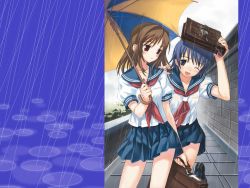 Rule 34 | 2girls, bag, blue hair, brown hair, improvised umbrella, matsuryuu, multiple girls, rain, school bag, school uniform, serafuku, umbrella