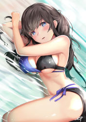 Rule 34 | 1girl, bare arms, bikini, black hair, blue eyes, blush, breasts, dutch angle, ep (emio parn), highres, large breasts, long hair, ocean, original, parted lips, solo, swimsuit