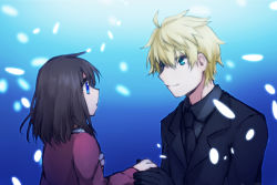 Rule 34 | 1boy, 1girl, ahoge, arthur pendragon (fate), black hair, blonde hair, blue eyes, coat, dress, fate/prototype, fate/prototype: fragments of blue and silver, fate (series), formal, gloves, highres, necktie, open mouth, sajou ayaka (fate/prototype), short hair, smile, suit