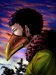 Rule 34 | 1boy, bad id, bad pixiv id, black hair, boku no hero academia, cloud, commentary request, earrings, from side, fur-trimmed jacket, fur trim, green jacket, jacket, jewelry, male focus, outdoors, overhaul (boku no hero academia), plague doctor mask, short hair, sky, solo, tonomayo, tree, upper body