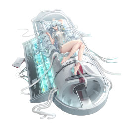 Rule 34 | 1girl, absurdres, arm up, bare legs, bare shoulders, barefoot, blue eyes, breasts, dress, feet, girls&#039; frontline, girls&#039; frontline neural cloud, grey hair, hair between eyes, high heels, highres, large breasts, long hair, looking at viewer, machinery, messy hair, official art, pa-15 (girls&#039; frontline), parted lips, see-through, shanyao jiang tororo, slingshot swimsuit, solo, swimsuit, swimsuit under clothes, thighs, very long hair, white background, white dress, white footwear