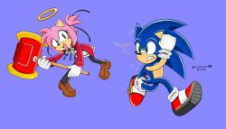 Rule 34 | 1boy, 1girl, amy rose, angel, bokusatsu tenshi dokuro-chan, cosplay, halo, hammer, highres, holding, holding weapon, mitsukai dokuro, running, scared, sonamy, sonic (series), sonic the hedgehog, specialzone, transparent, weapon, yandere