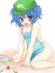 Rule 34 | 1girl, accident, apron, blue eyes, blue hair, blush, female focus, food, hat, kawashiro nitori, kneeling, kotomi (artist), kotomi (happy colors), matching hair/eyes, naked apron, salad, short hair, sitting, solo, tears, touhou, twintails, two side up