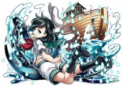 Rule 34 | 1girl, anchor, black hair, boat, boots, chain, cross-laced footwear, danmaku, full body, green eyes, hat, lace-up boots, ladle, looking at viewer, looking back, md5 mismatch, murasa minamitsu, palanquin ship, puffy sleeves, resized, sailor collar, sailor hat, shirt, short hair, short sleeves, shorts, smile, socha, solo, touhou, water, watercraft, white background