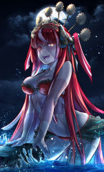 Rule 34 | 1girl, bikini, breasts, cleavage, colored skin, diamond-shaped pupils, diamond (shape), fangs, green eyes, grey skin, hair ribbon, heterochromia, highres, hololive, hololive indonesia, kureiji ollie, long hair, medium breasts, moon, multicolored eyes, night, night sky, partially submerged, patchwork skin, red eyes, red hair, ribbon, sky, smile, solo, stitches, swimsuit, symbol-shaped pupils, virtual youtuber, water, x-shaped pupils, yanshun, yellow eyes, zombie, zombie girl