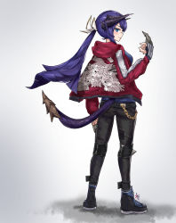 Rule 34 | 1girl, arknights, arm up, black pants, blue eyes, blue shirt, chain, dragon girl, dragon horns, dragon tail, fate/grand order, fate (series), harlequin-wheels, horns, jacket, knee pads, looking at viewer, martha (fate), pants, ponytail, purple hair, red jacket, shirt, simple background, spiked tail, tail, tarrasque
