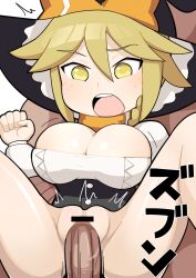Rule 34 | 1boy, 1girl, ^^^, bar censor, black vest, blonde hair, blush, body freckles, bow, breasts, buttons, censored, cleavage, cleavage cutout, clothing cutout, commentary, cookie (touhou), freckles, hair between eyes, hat, hat bow, hetero, hospital king, kirisame marisa, kohaku (cookie), large breasts, long bangs, long sleeves, motion lines, open mouth, orange bow, orange scarf, penis, pussy, reverse suspended congress, scarf, sex, sex from behind, shirt, short hair, simple background, solo focus, touhou, vest, white background, white shirt, witch hat, yellow eyes