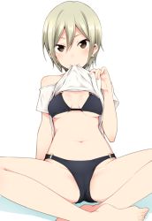Rule 34 | 10s, 1girl, bare shoulders, barefoot, bikini, bikini under clothes, black bikini, blonde hair, blush, breasts, brown eyes, clothes lift, crotch, earrings, hair between eyes, idolmaster, idolmaster cinderella girls, indian style, jewelry, lifting own clothes, long legs, looking at viewer, mouth hold, nagami yuu, navel, o-ring, o-ring bikini, o-ring bottom, o-ring top, off shoulder, parted bangs, shadow, shiomi syuko, shirt, shirt lift, short hair, short sleeves, silver hair, simple background, sitting, small breasts, solo, spread legs, swimsuit, swimsuit under clothes, underboob, white background, white shirt