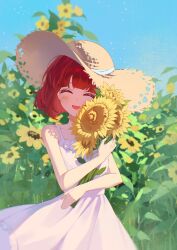 Rule 34 | 1girl, absurdres, arima kana, blue sky, bob cut, closed eyes, dress, flower, hat, highres, holding, holding flower, inverted bob, open mouth, oshi no ko, red hair, short hair, sky, smile, solo, sunflower, white dress, xiang yu pai