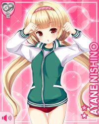 Rule 34 | 1girl, :o, alternate costume, arms up, blonde hair, blouse, buruma, card, character name, clenched hands, girlfriend (kari), green jacket, headband, jacket, nishino ayane, official art, open mouth, pink background, qp:flapper, red eyes, school uniform, shirt, standing, tagme, twintails, white shirt