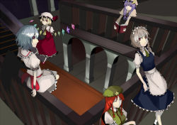 Rule 34 | 5girls, arms behind back, bat wings, blonde hair, blue hair, book, braid, crescent, dress, closed eyes, female focus, flandre scarlet, grin, hat, holding, holding book, hong meiling, izayoi sakuya, long hair, maid, maid headdress, multiple girls, no headwear, no headwear, open book, orgia, outstretched arms, purple eyes, purple hair, red eyes, red hair, remilia scarlet, silver hair, smile, star (symbol), touhou, twin braids, wings, wrist cuffs