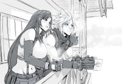 Rule 34 | 1boy, 1girl, armor, bare arms, bare shoulders, blue eyes, breasts, cloud strife, crop top, cup, elbow gloves, final fantasy, final fantasy vii, final fantasy vii remake, fingerless gloves, gloves, greyscale, highres, holding, holding cup, large breasts, long hair, low-tied long hair, midriff, monochrome, navel, red eyes, short hair, shoulder armor, skirt, spiked hair, spykeee, square enix, stomach, suspender skirt, suspenders, sweater, tifa lockhart, turtleneck, turtleneck sweater