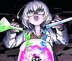 Rule 34 | 1girl, ahoge, coat, collared shirt, flask, glasses, green eyes, hair between eyes, highres, holding, kagaku chop, lab coat, long sleeves, multicolored eyes, open clothes, open coat, open mouth, pink eyes, pouring, purple eyes, shirt, short hair, simple background, solo, suzuzono sai, test tube, upper body, white coat, white hair, yachima tana