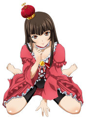 Rule 34 | 00s, 1girl, barefoot, black hair, breasts, brown eyes, brown hair, crown, dress, feet, female focus, frilled dress, frills, from above, ikkitousen, legs, long hair, looking at viewer, looking up, mini crown, official art, pink dress, simple background, sitting, small breasts, solo, ten&#039;i (ikkitousen), toes, wariza, white background