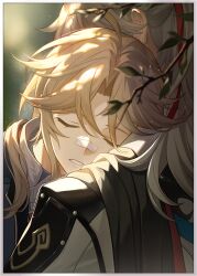 2boys ahoge bandaid bandaid_on_face bandaid_on_nose blonde_hair border branch close-up dappled_sunlight facing_viewer grey_hair head_on_another&#039;s_shoulder highres honkai:_star_rail honkai_(series) jing_yuan leaf long_hair male_focus multiple_boys official_art parted_bangs portrait sleeping sunlight third-party_source white_border yanqing_(honkai:_star_rail)