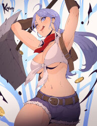 Rule 34 | 1girl, ;p, arms up, artist name, axe, bandana, belt, blacksmith (ragnarok online), breasts, brown belt, crop top, cutoffs, front-tie top, gloves, highres, holding, holding axe, koyorin, large breasts, long hair, navel, one eye closed, purple eyes, purple hair, ragnarok online, red bandana, shirt, short shorts, shorts, sleeveless, sleeveless shirt, solo, tongue, tongue out